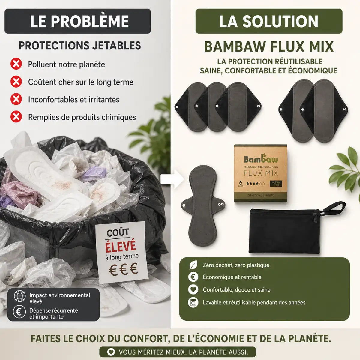 Serviettes lavables Bambaw flux mixte avec pochettes - comparaison problème solution zéro déchet