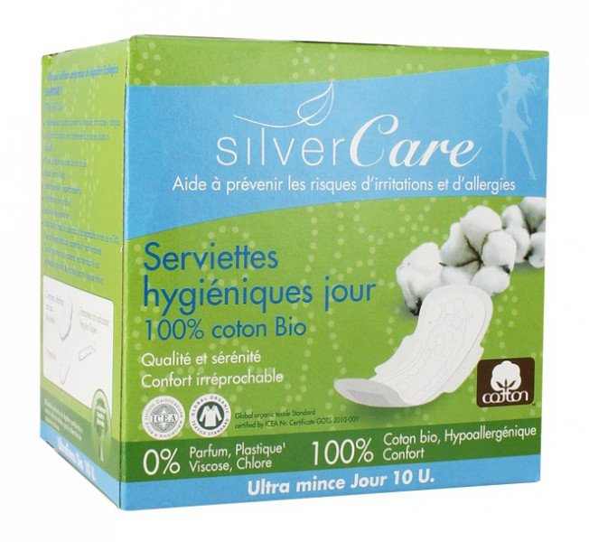 Boite de 10 Serviettes ultra-minces Jour en coton Bio de Silver Care