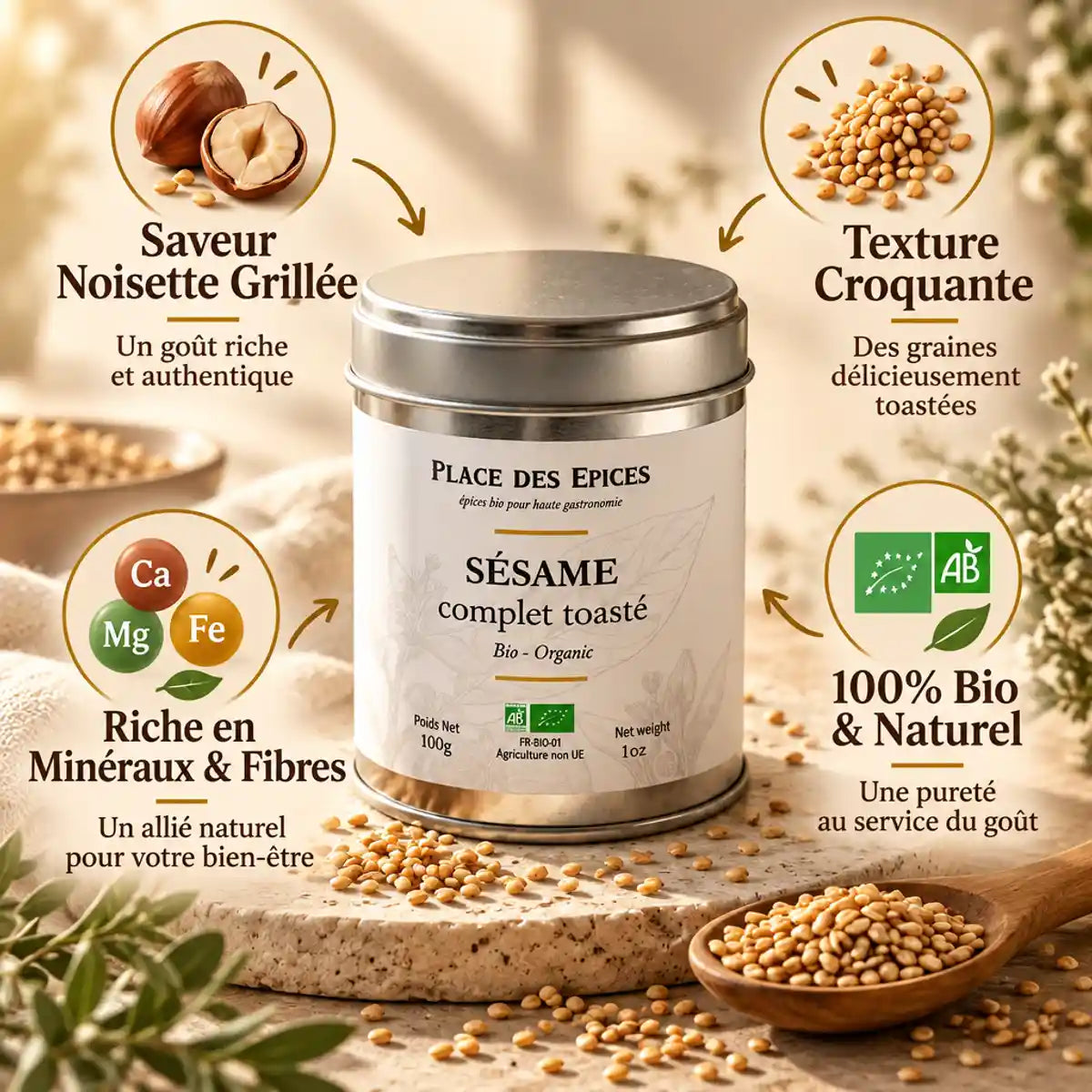 Sésame complet toasté bio 100g Place des Épices avec graines éparpillées et bénéfices nutritionnels