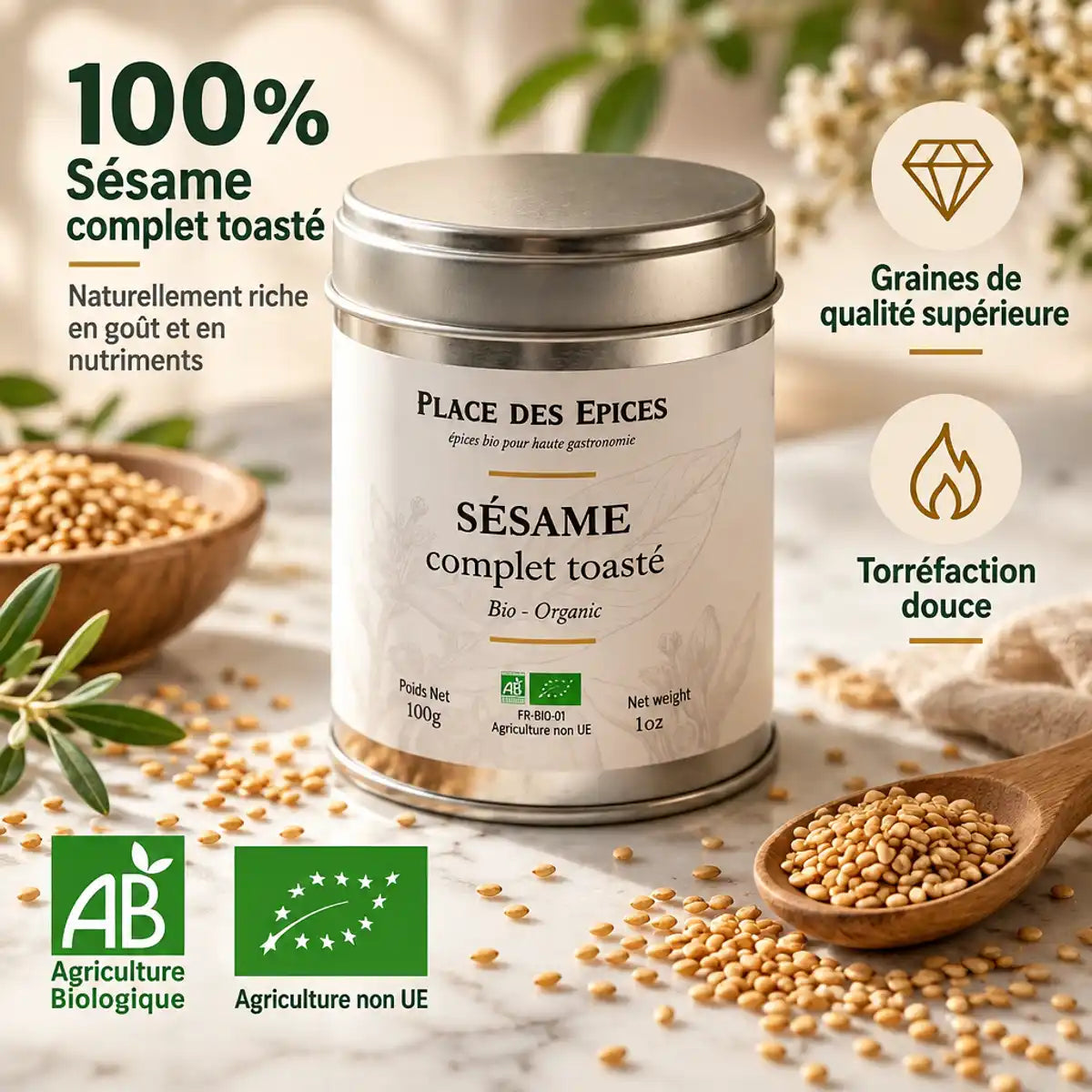 Sésame complet toasté bio 100g Place des épices avec graines dorées et certifications AB