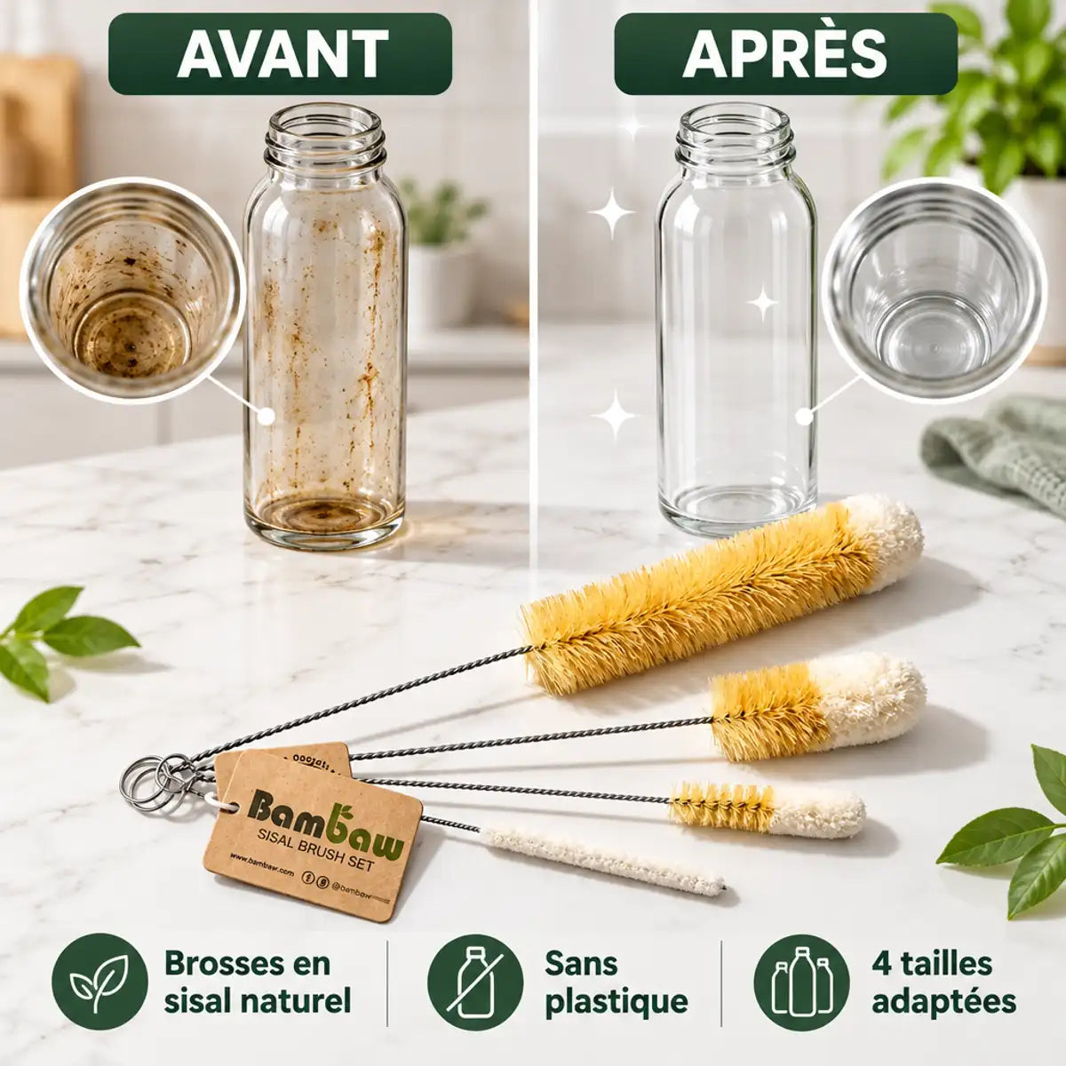 Set de 4 brosses Bambaw avant/après nettoyage bouteille écologique