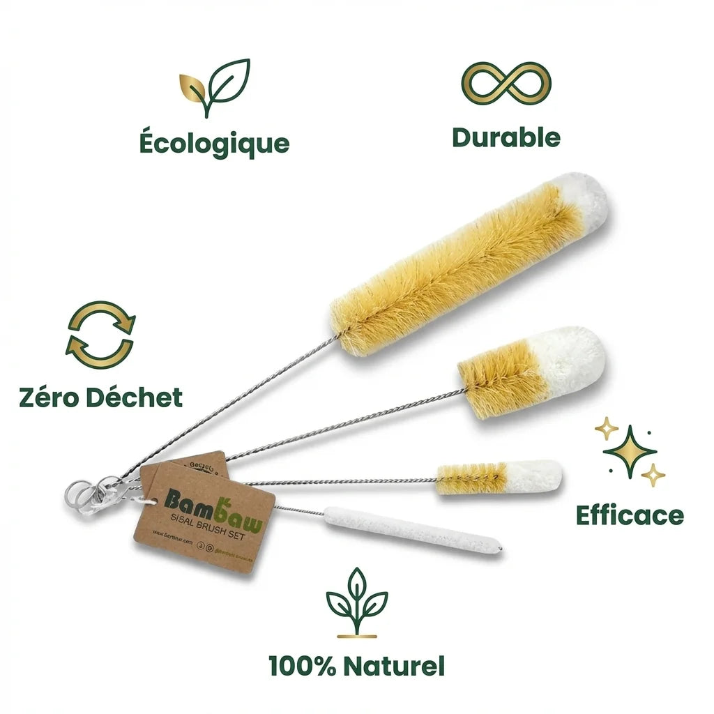 Set de 4 brosses de lavage Bambaw écologiques en fibres naturelles avec icônes zéro déchet