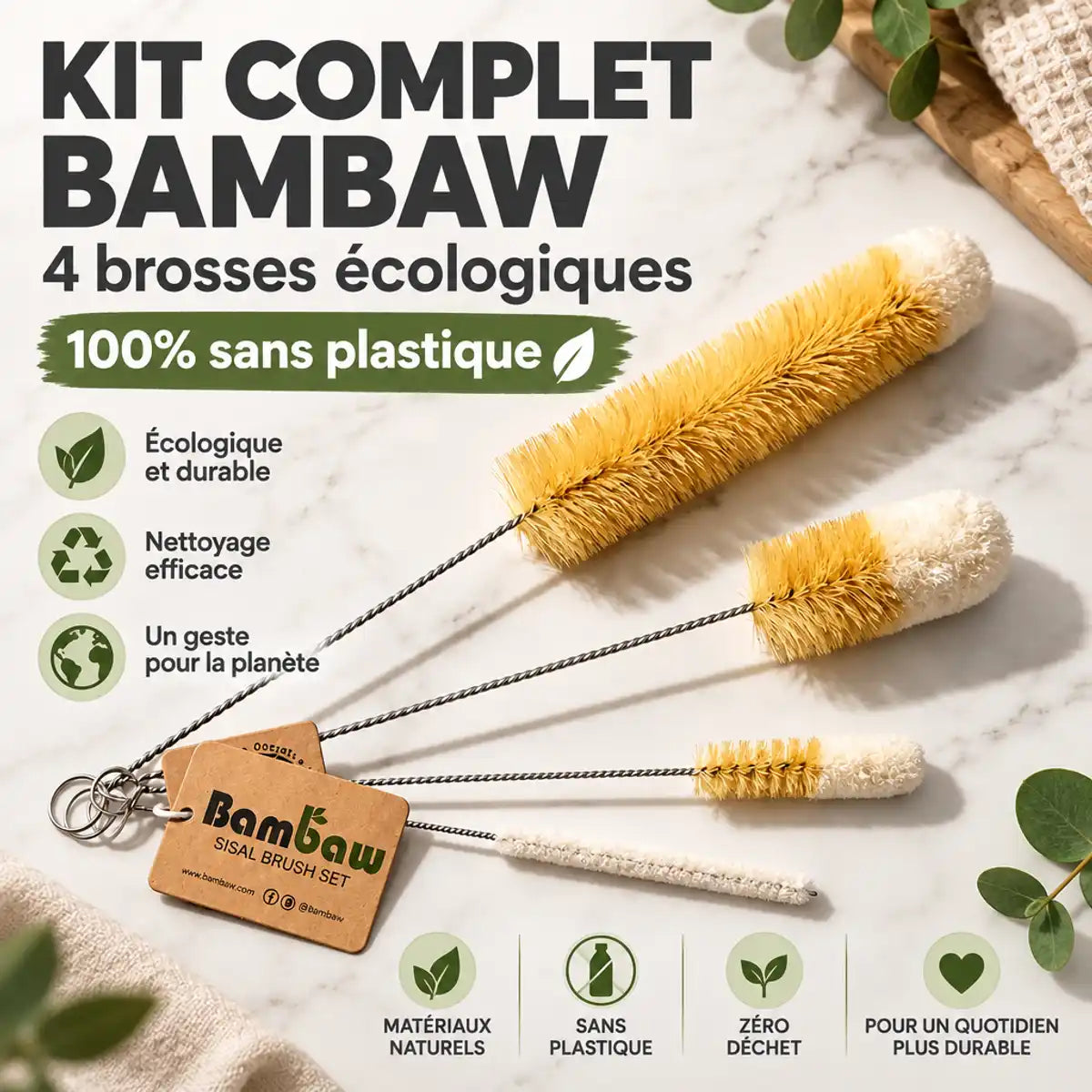 Set 4 brosses bambou écologiques Bambaw sans plastique pour nettoyer bouteilles réutilisables