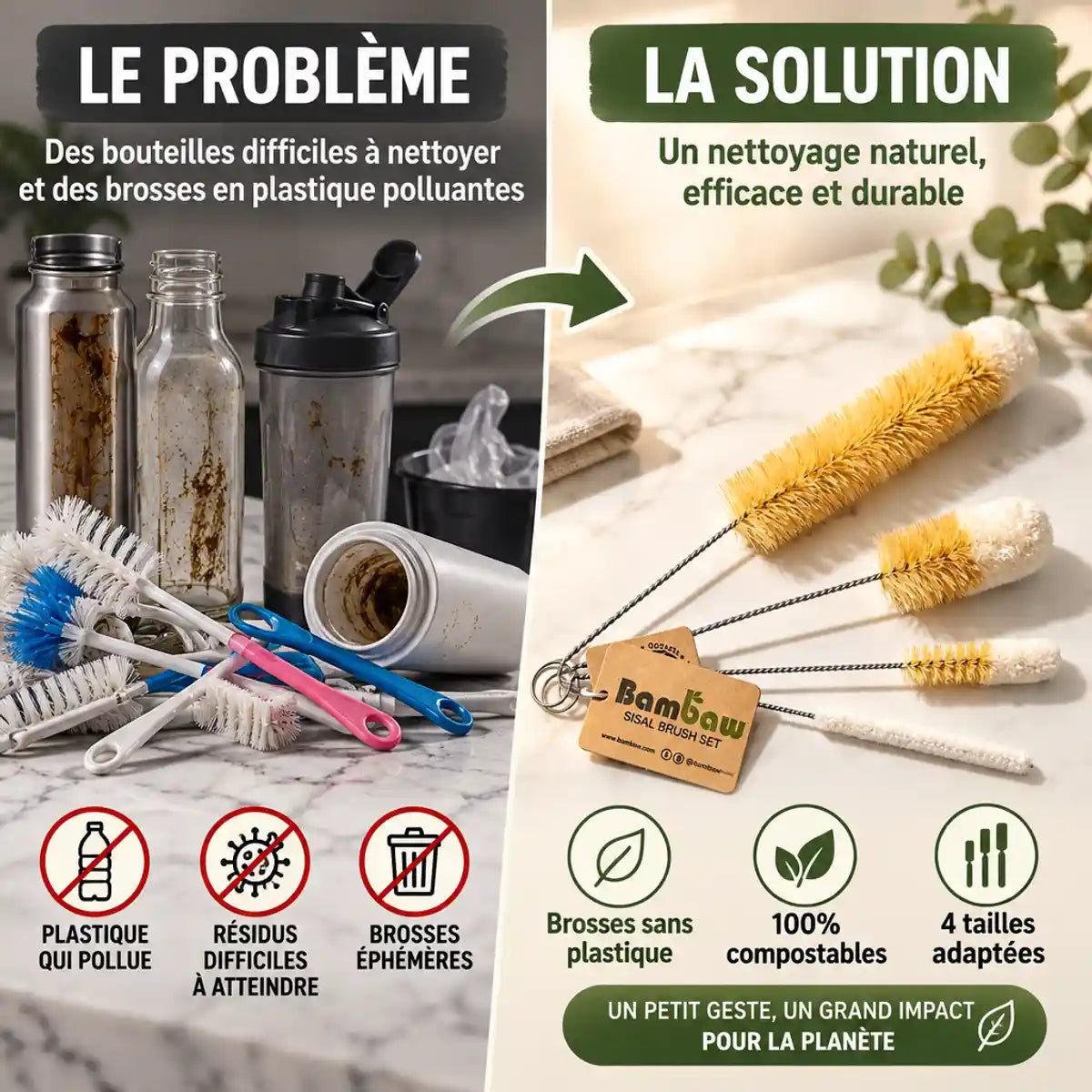 Set de 4 brosses de lavage Bambaw écologiques sans plastique sur marbre, composables et durables