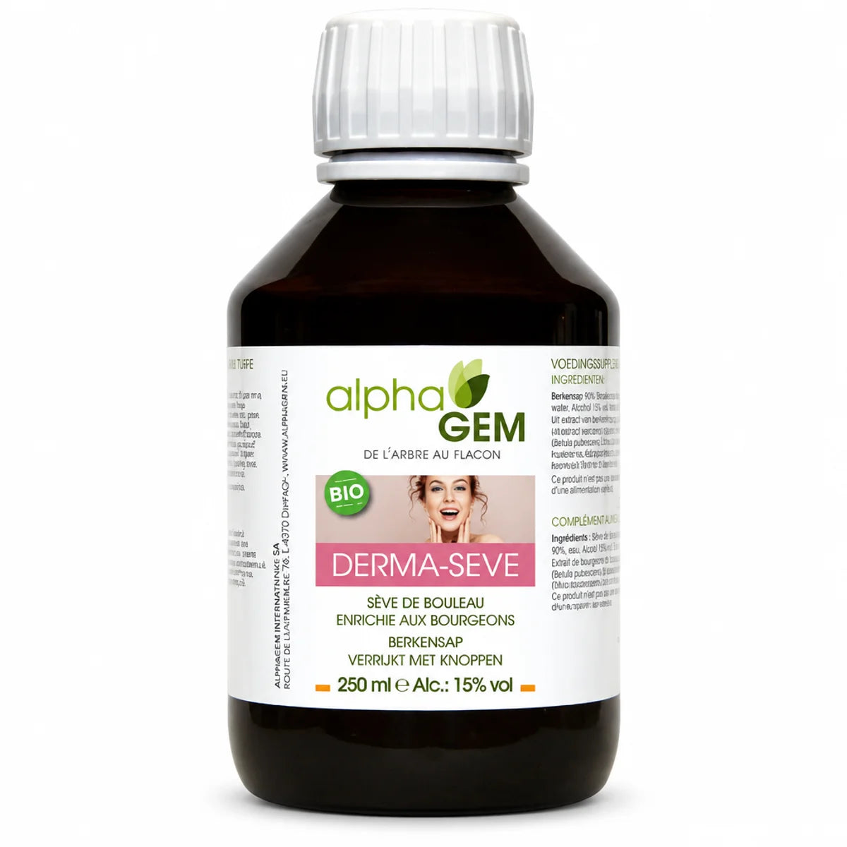 Flacon en verre de sève de bouleau bio Derma-Sève Alphagem 250 ml enrichie aux bourgeons, fond blanc