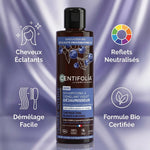 Shampooing 2en1 Centifolia violet déjaunisseur cheveux gris avec icônes bénéfices
