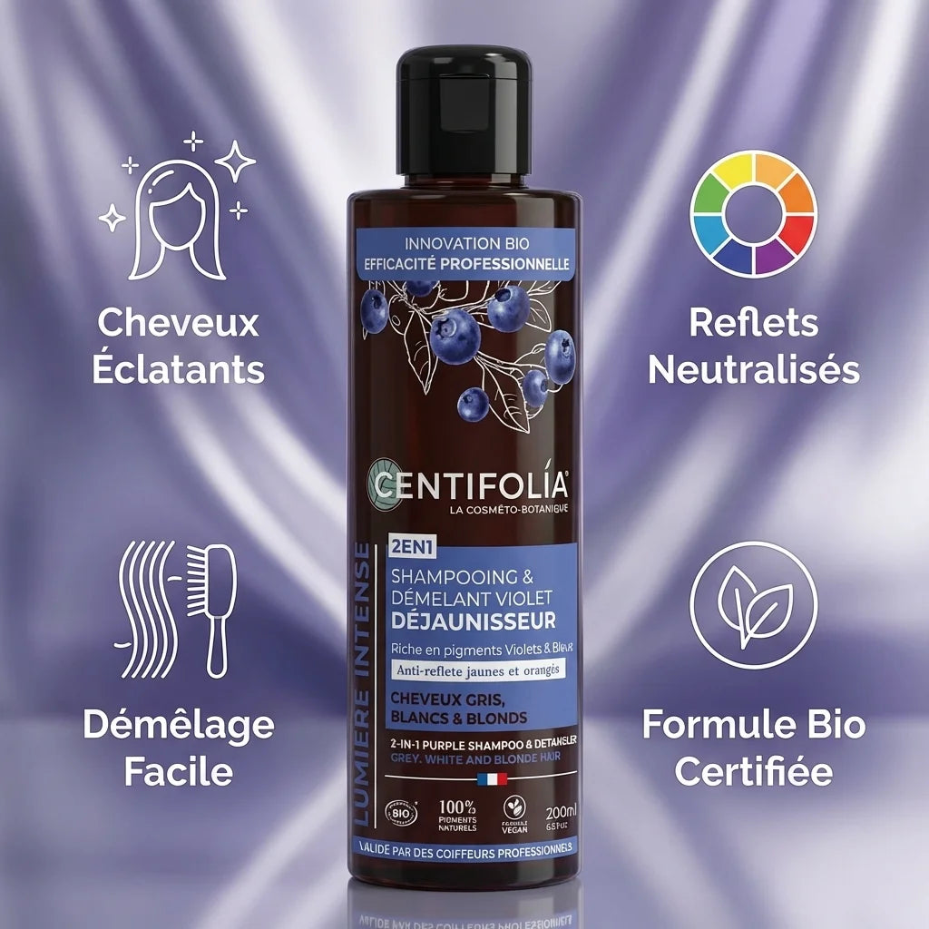Shampooing 2en1 Centifolia violet déjaunisseur cheveux gris avec icônes bénéfices