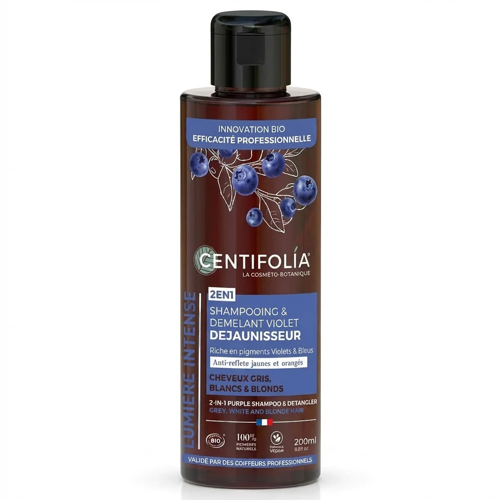Shampoing 2en1 Centifolia violet démêlant déjaunisseur 200ml pour cheveux gris et blonds