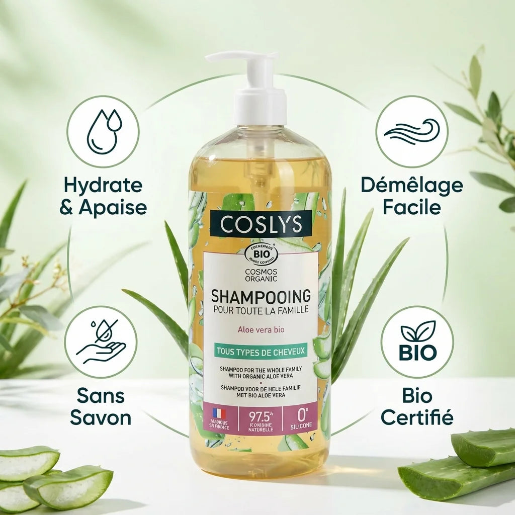 Shampoing Aloe Vera Bio Coslys 1L avec bénéfices hydratation, démêlage, sans savon et certification bio