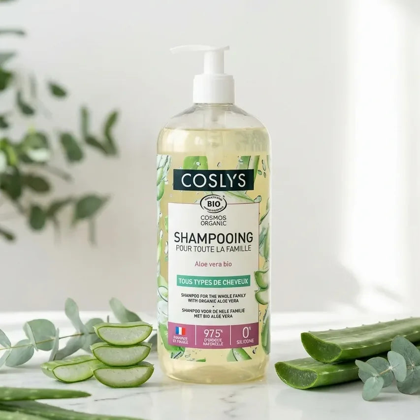 Shampoing Aloe Vera Bio Coslys 1L sur surface marbre avec feuilles d'aloe vera frais