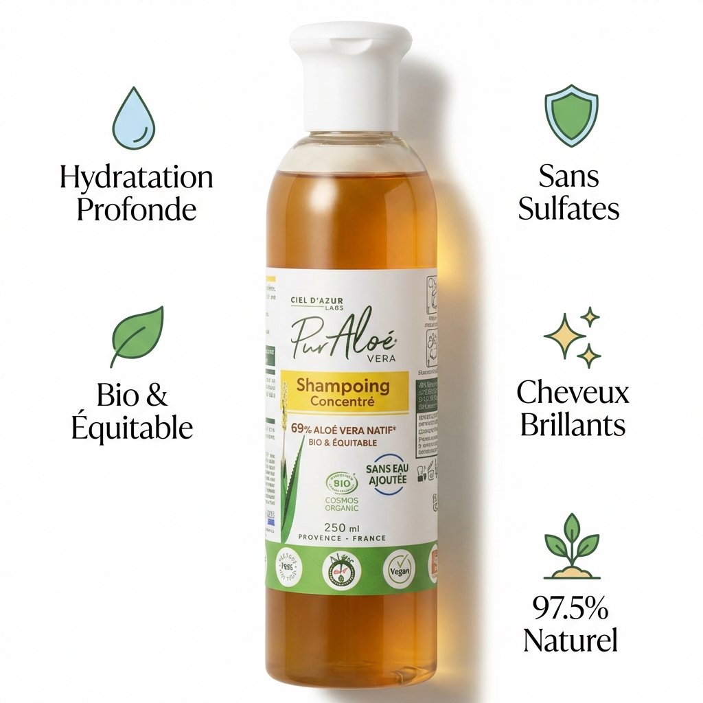 Shampoing Aloé Vera Bio 250ml Pur'Aloé avec icônes hydratation, sans sulfates, naturel