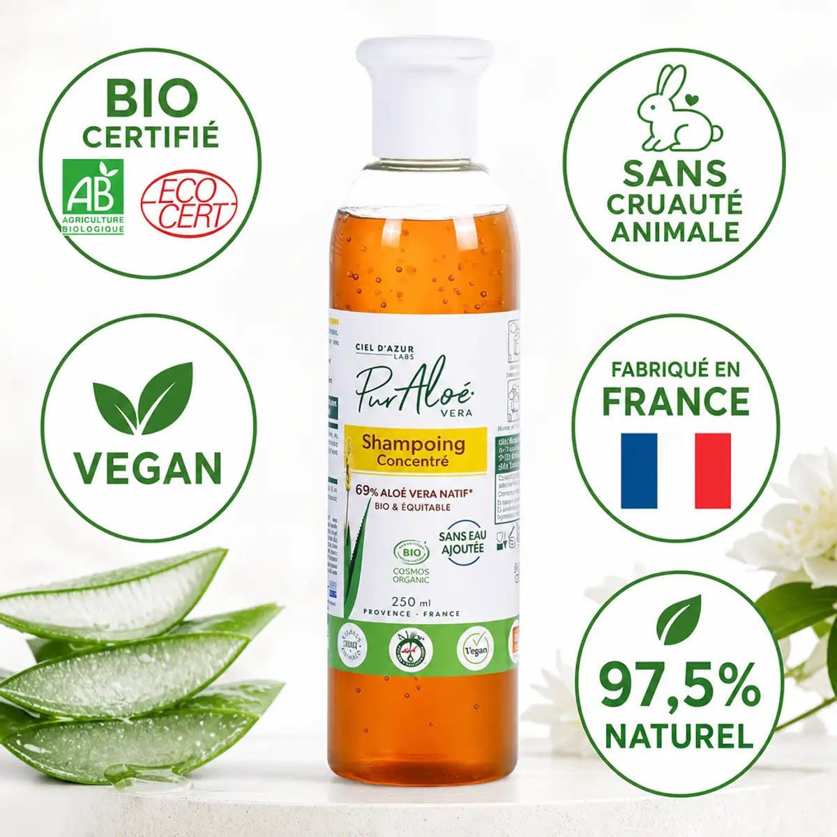 Shampoing Aloé Vera Bio Pur'Aloé 250ml avec certifications BIO, vegan et fabriqué en France