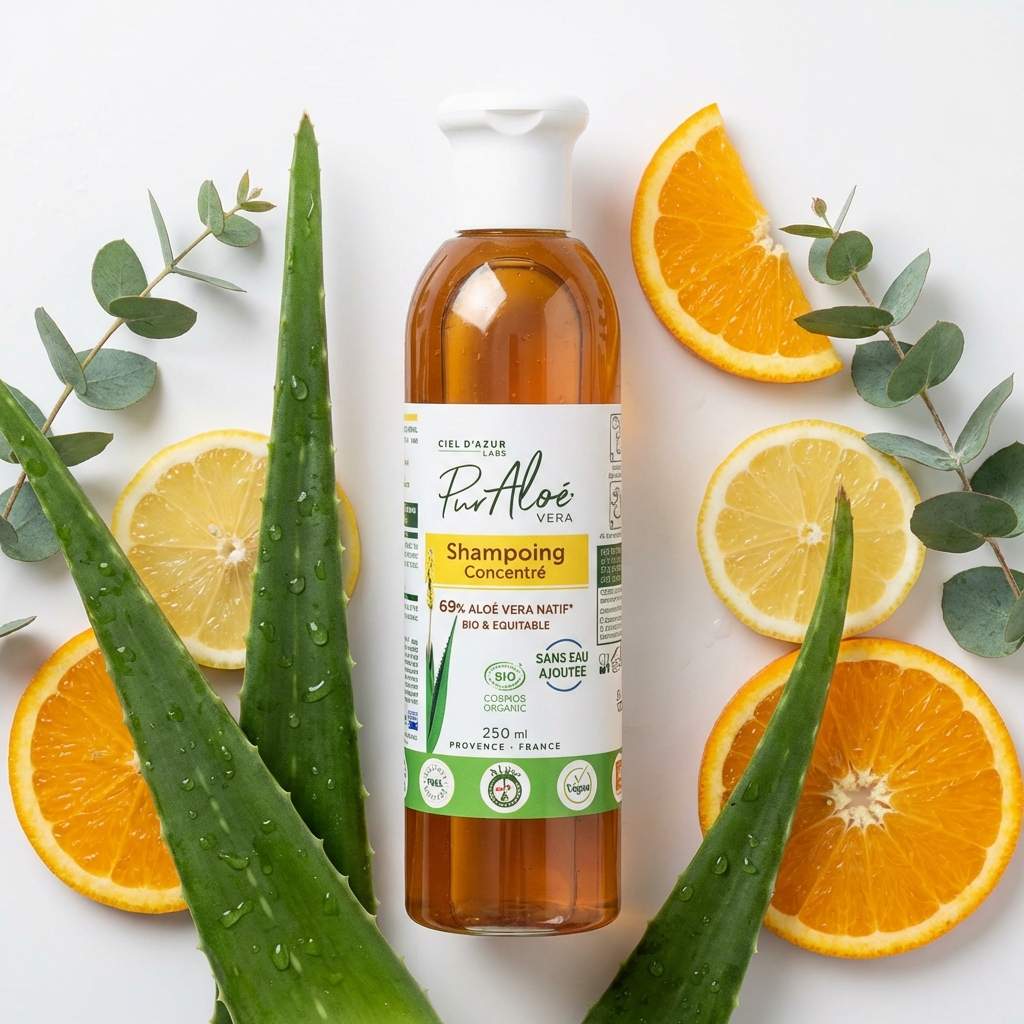 Shampoing Aloé Vera Bio Pur'Aloé 250ml avec feuilles d'aloe vera et ingrédients naturels