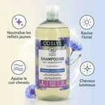 Shampoing anti-jaunissement Coslys 500ml avec infographie des bénéfits pour cheveux gris et blonds