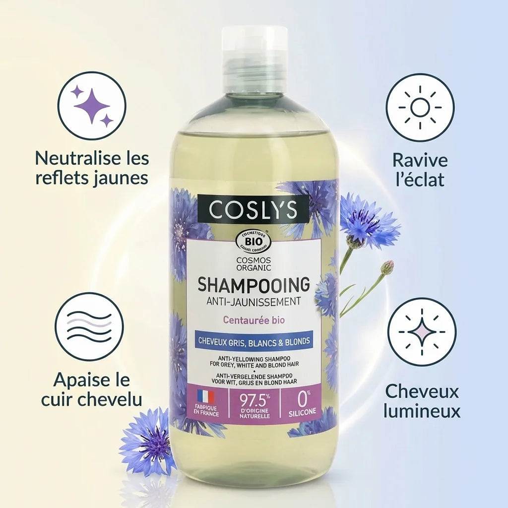 Shampoing anti-jaunissement Coslys 500ml avec infographie des bénéfits pour cheveux gris et blonds