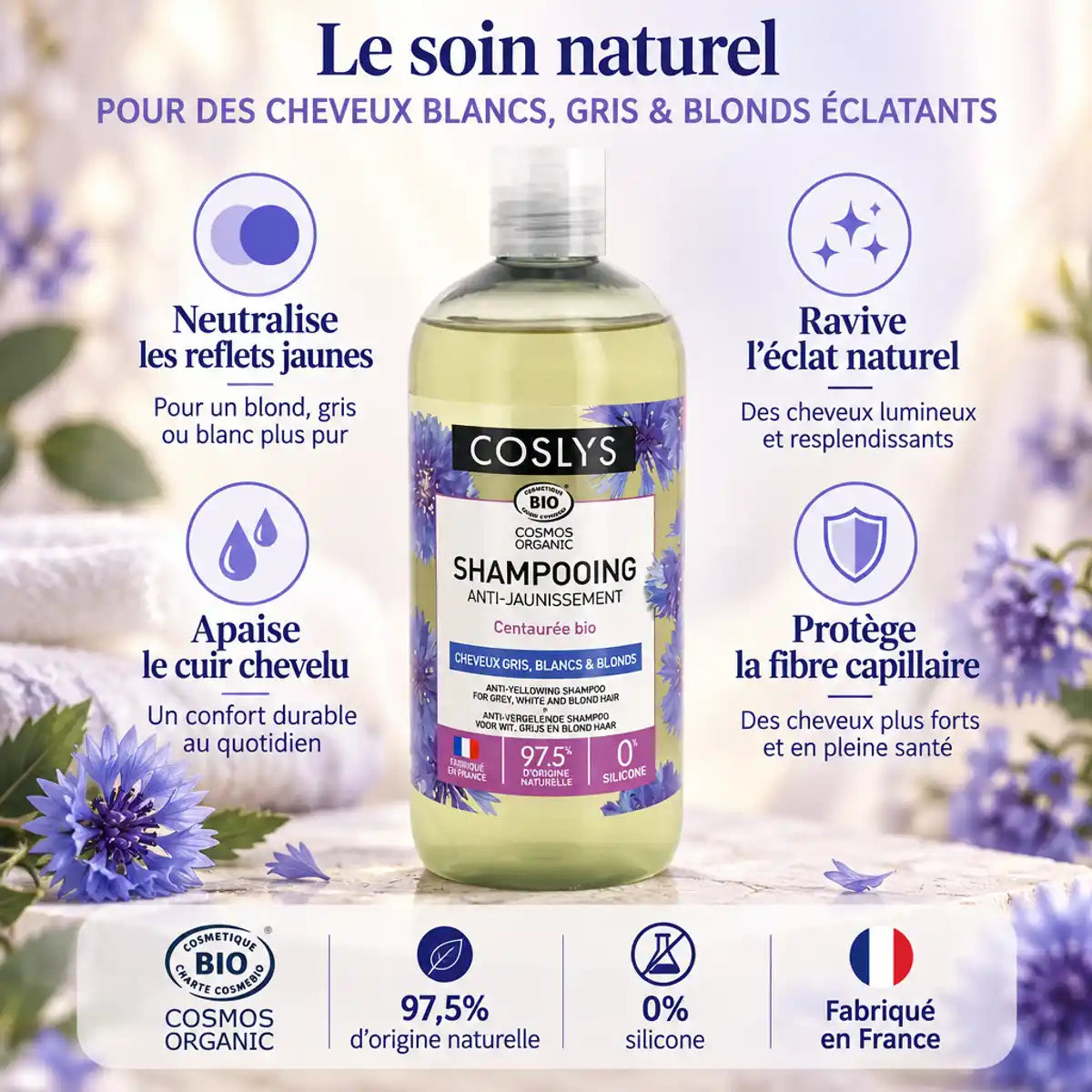 Shampoing anti-jaunissement Coslys 500ml pour cheveux gris et blonds avec bénéfices et certifications bio