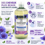 Shampoing anti-jaunissement Coslys 500ml avec guide d'utilisation pour cheveux gris et blonds