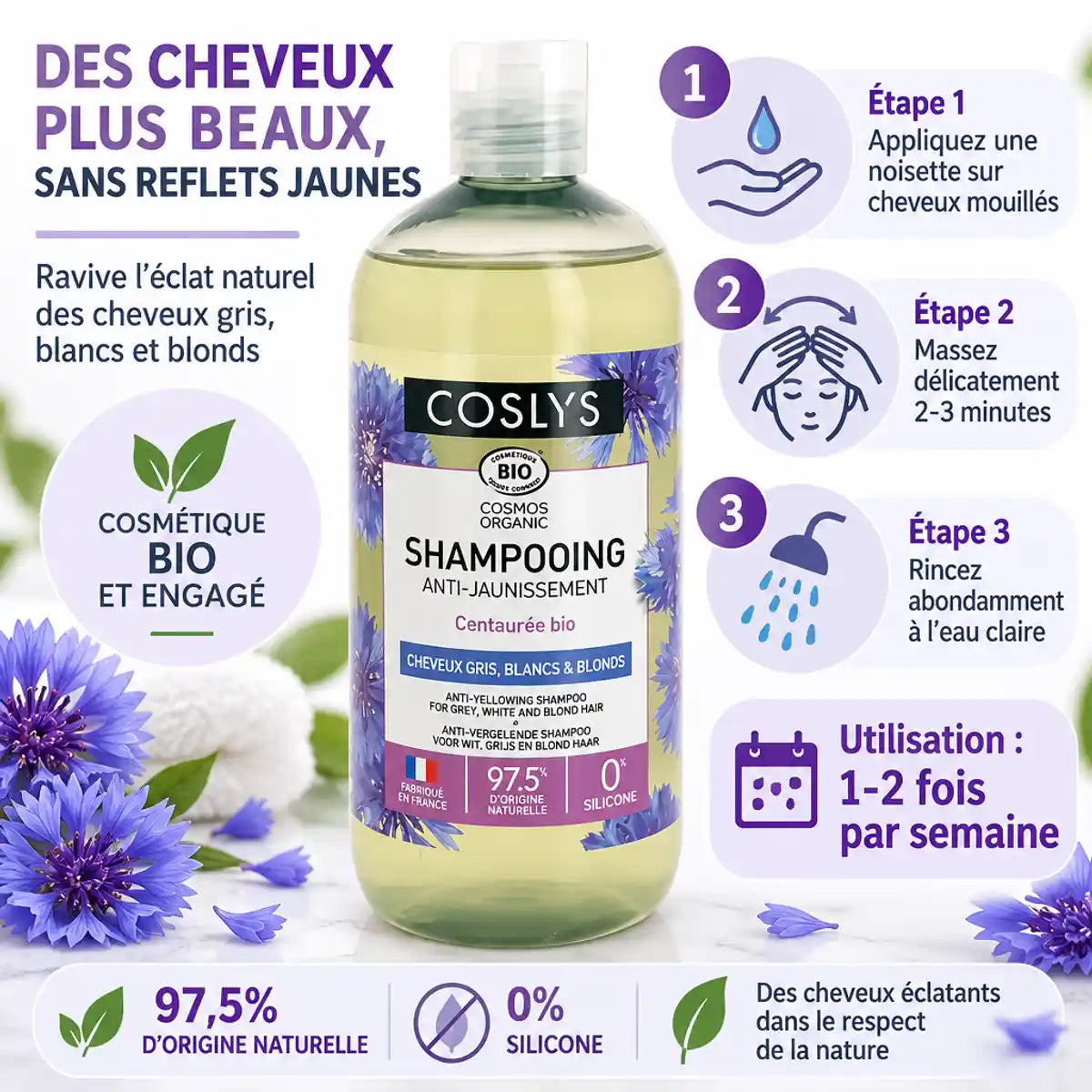 Shampoing anti-jaunissement Coslys 500ml avec guide d'utilisation pour cheveux gris et blonds