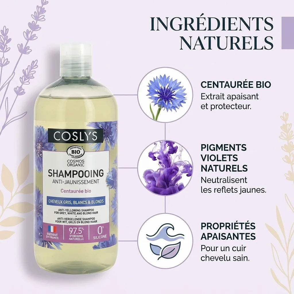 Shampoing anti-jaunissement Coslys 500ml avec ingrédients naturels pour cheveux gris et blonds