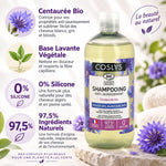 Shampoing anti-jaunissement Coslys 500ml avec infographie ingrédients naturels et centaurée bio