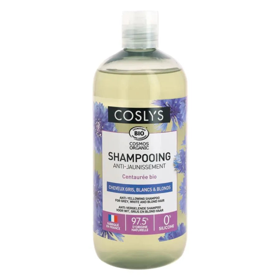 un flacon de 500 ml de shampoing ant-jaunissement de la marque Coslys