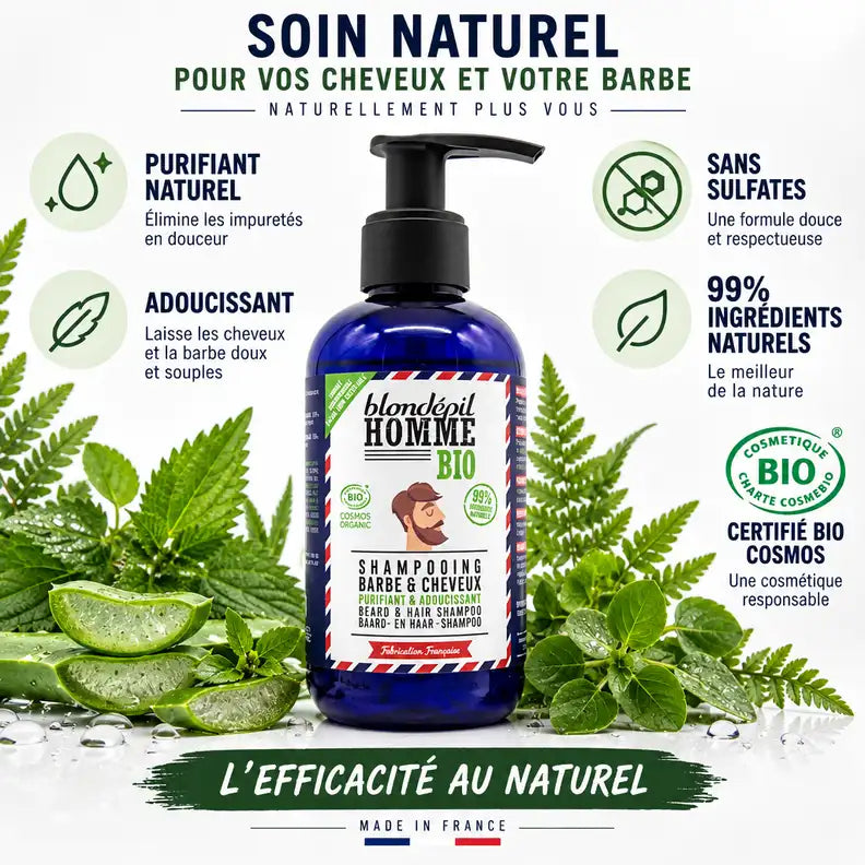 Shampoing barbe cheveux Blondépil 200ml bio certifié COSMOS avec ingrédients naturels