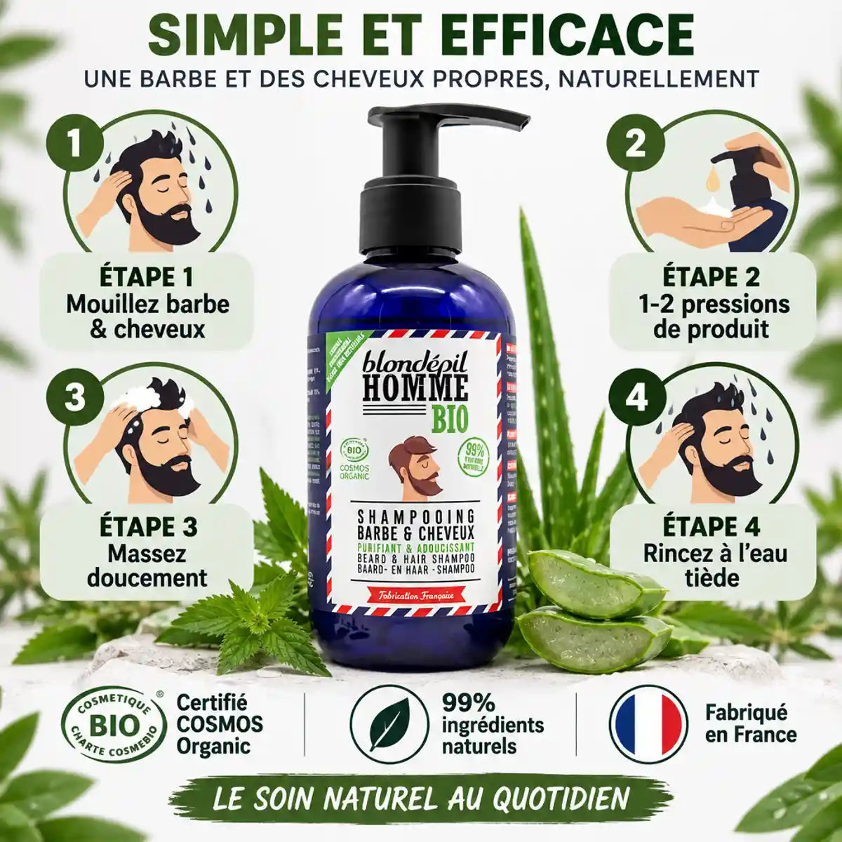 Shampoing Barbe & Cheveux Blondépil 200ml - Flacon bleu certifié bio avec guide d'utilisation