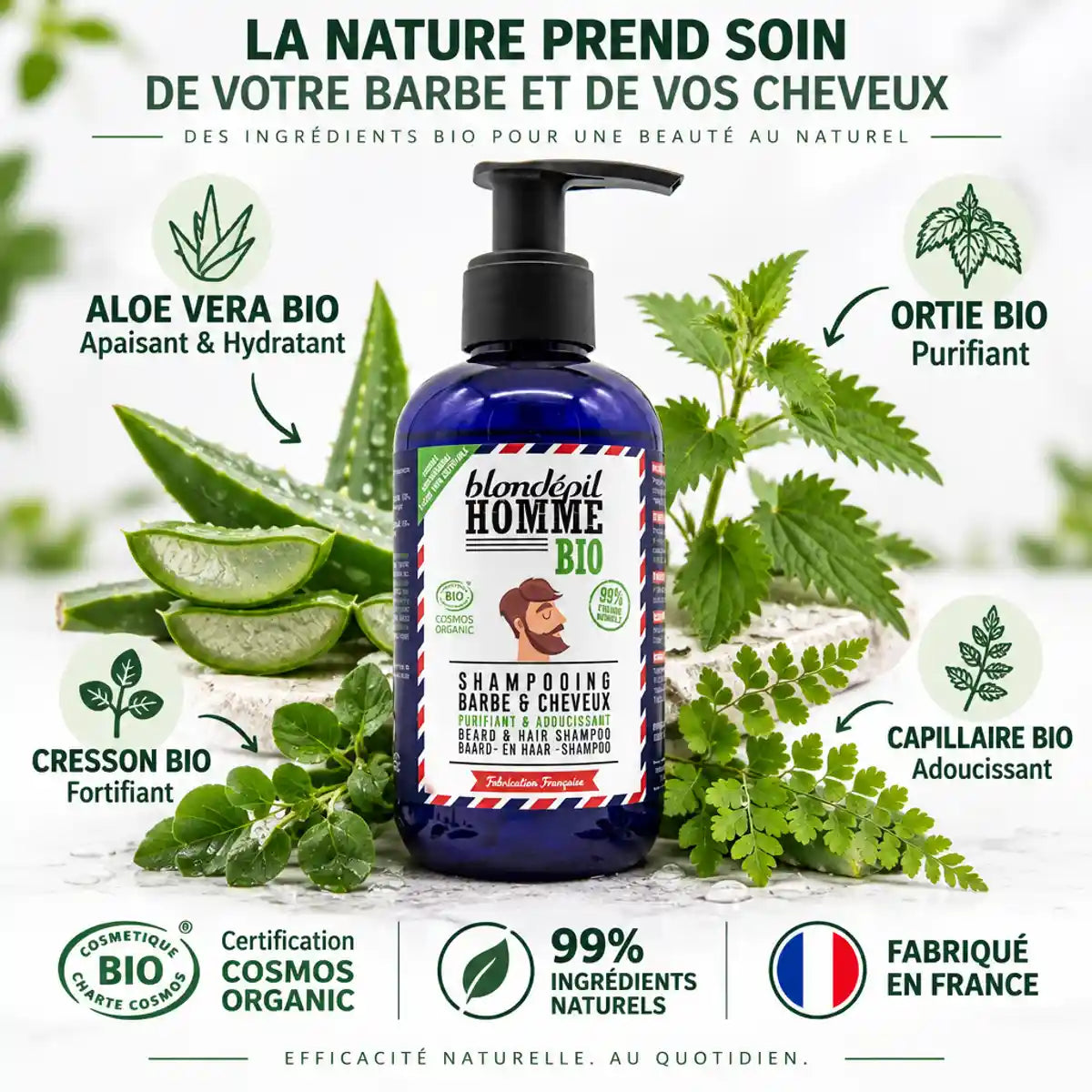 Shampoing barbe et cheveux Blondépil 200ml avec ingrédients bio naturels certifiés