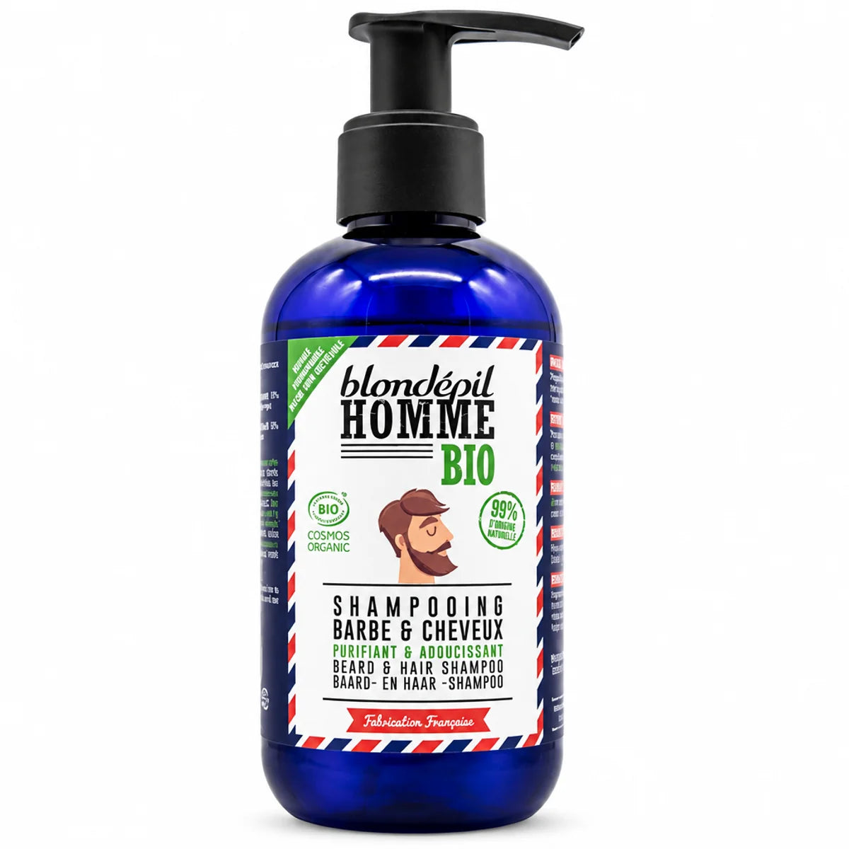 Shampoing Barbe & Cheveux Blondépil 200ml flacon bleu avec pompe et étiquette blanche