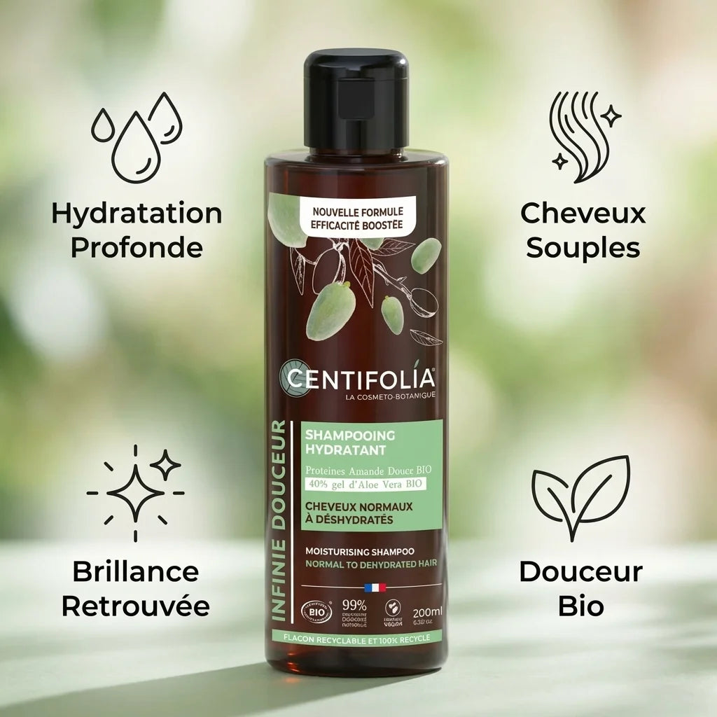 Shampoing bio Centifolia hydratant 200ml avec icônes bénéfices hydratation et brillance