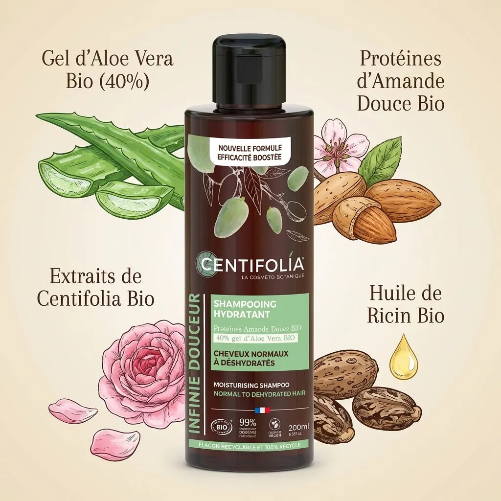 Shampoing bio hydratant Centifolia 200ml avec ingrédients naturels aloe vera et amande douce