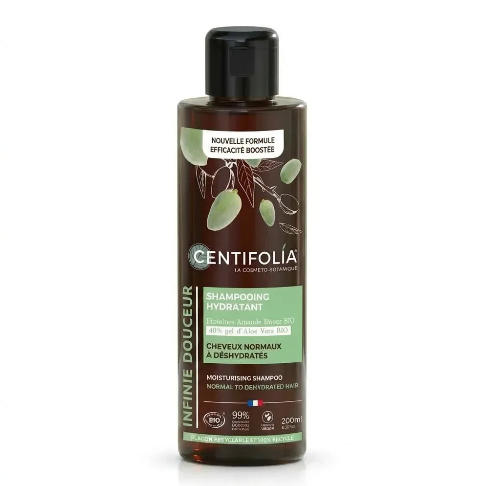 Shampoing Bio Hydratant Centifolia 200ml bouteille en verre brun avec étiquette verte