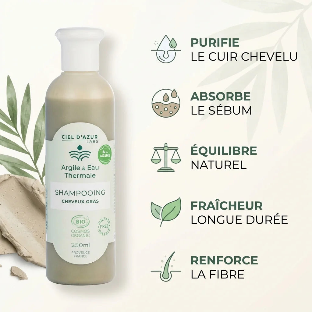 Shampoing cheveux gras bio argile eau thermale 250ml avec bénéfices purifie sébum