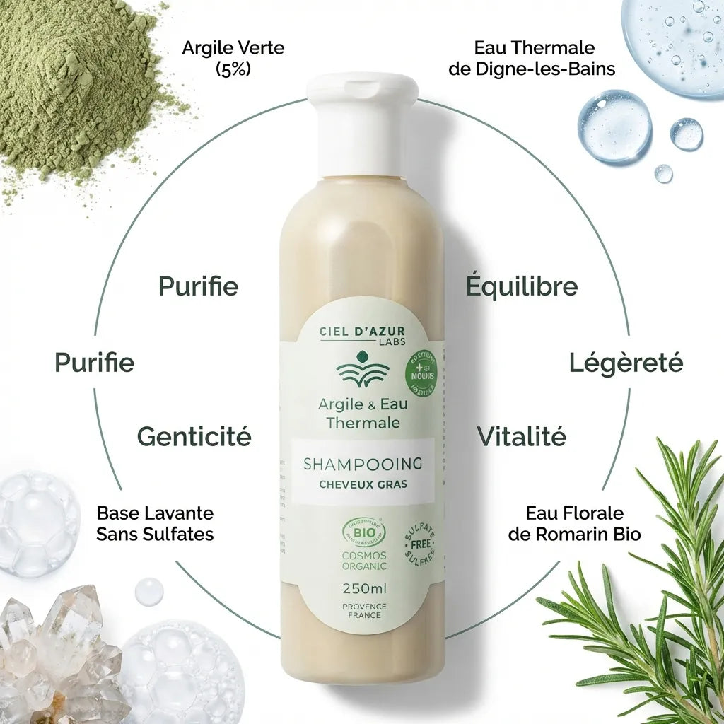 Shampoing cheveux gras bio 250ml avec argile et eau thermale, ingrédients naturels en mise en scène studio