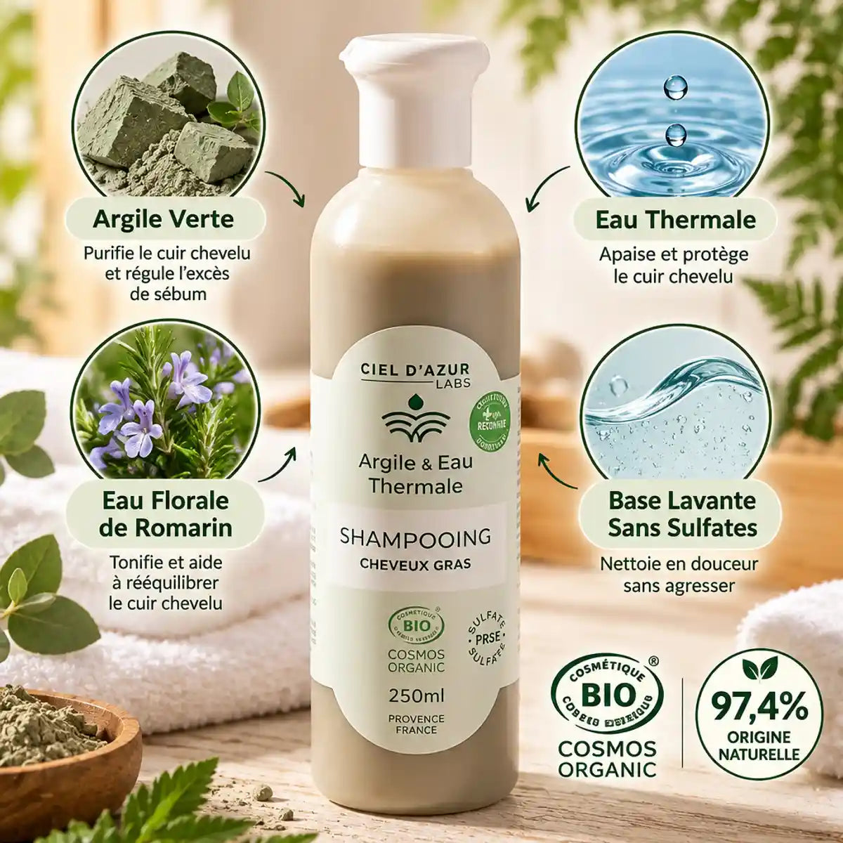 Shampoing bio cheveux gras 250ml argile eau thermale avec certifications naturelles
