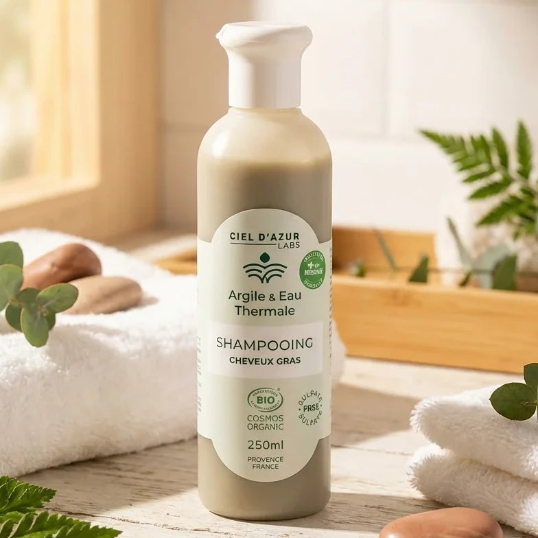 Shampoing bio cheveux gras Ciel d'Azur argile eau thermale 250ml en bouteille