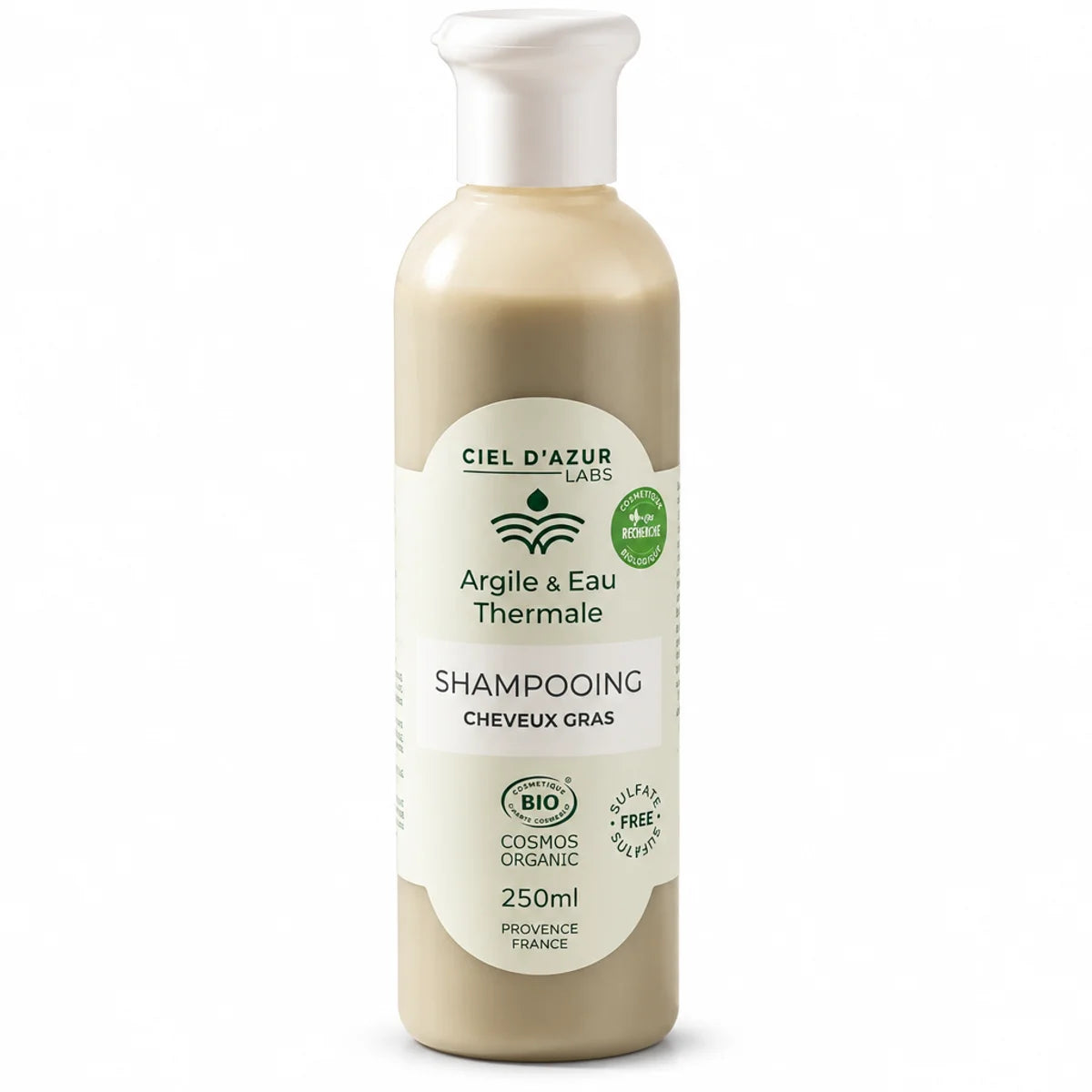 Shampoing cheveux gras bio 250ml Ciel d'Azur Labs argile eau thermale certification Cosmos