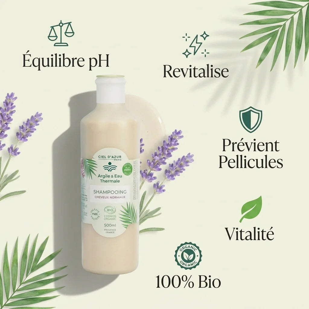 Shampoing bio Argile & Eau Thermale 500ml avec ses 5 bénéfices: équilibre pH, revitalise, anti-pellicules, vitalité, certifié bio.