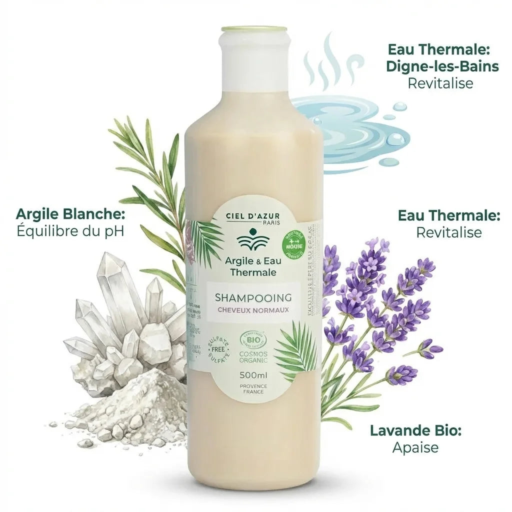 Shampoing bio argile eau thermale 500ml avec ingrédients actifs lavande et minéraux
