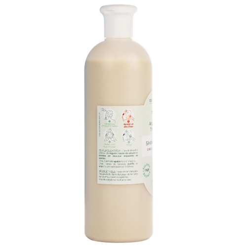 Dos d'une bouteille de Shampoing de 500ml de shampoing pour cheveux normaux de la marque Argile & Eau Thermale 
