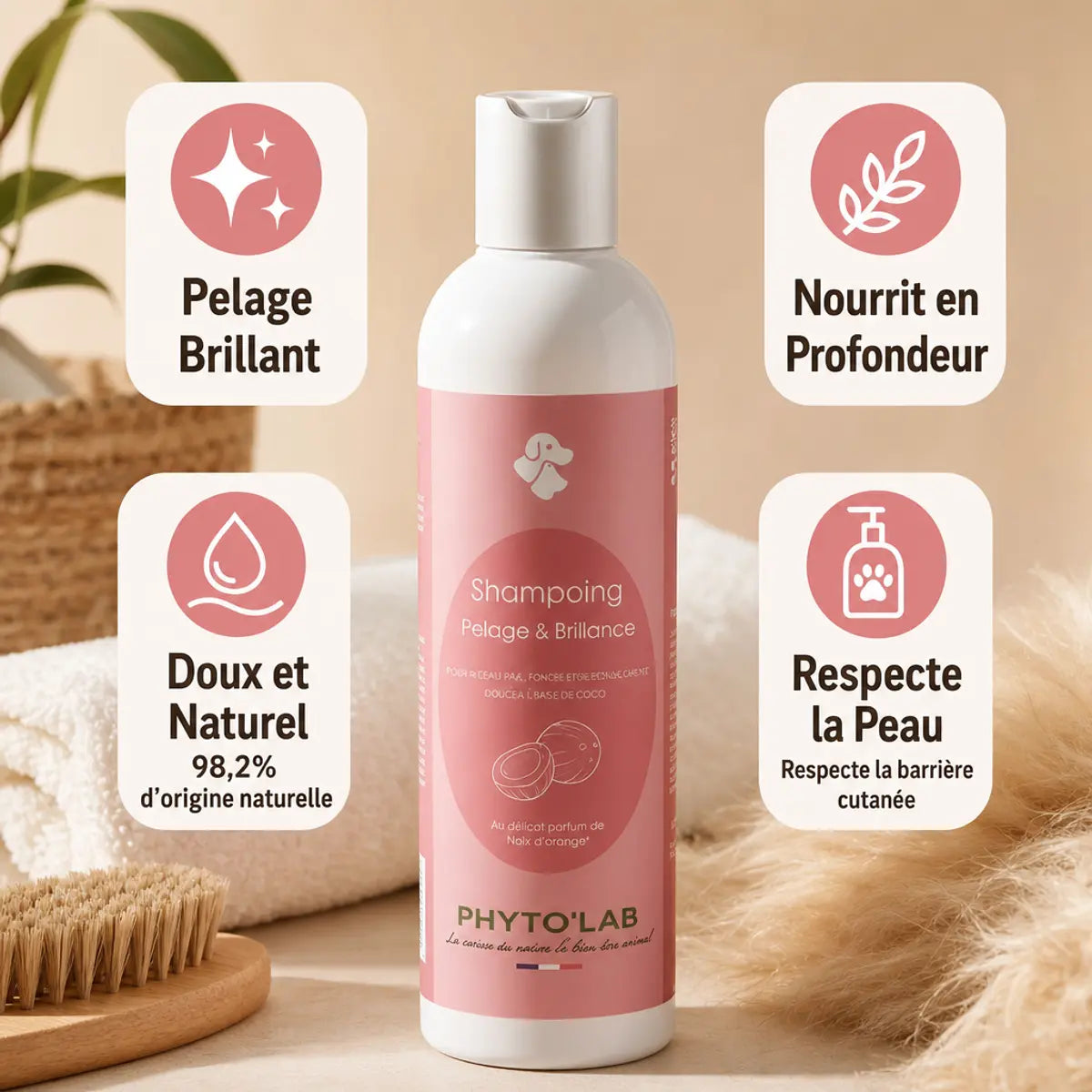 Shampoing Phyto'Lab 250ml pour chien et chat avec icônes bénéfices pelage brillant et nourishment naturel