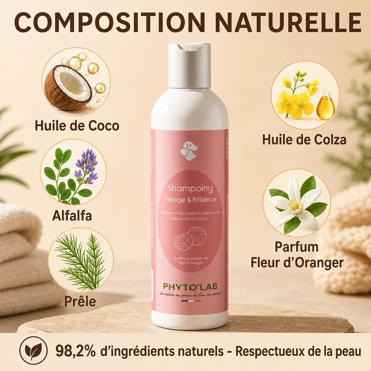 Shampoing Phyto'Lab pelage brillance 250ml avec ingrédients naturels huile coco alfalfa prêle