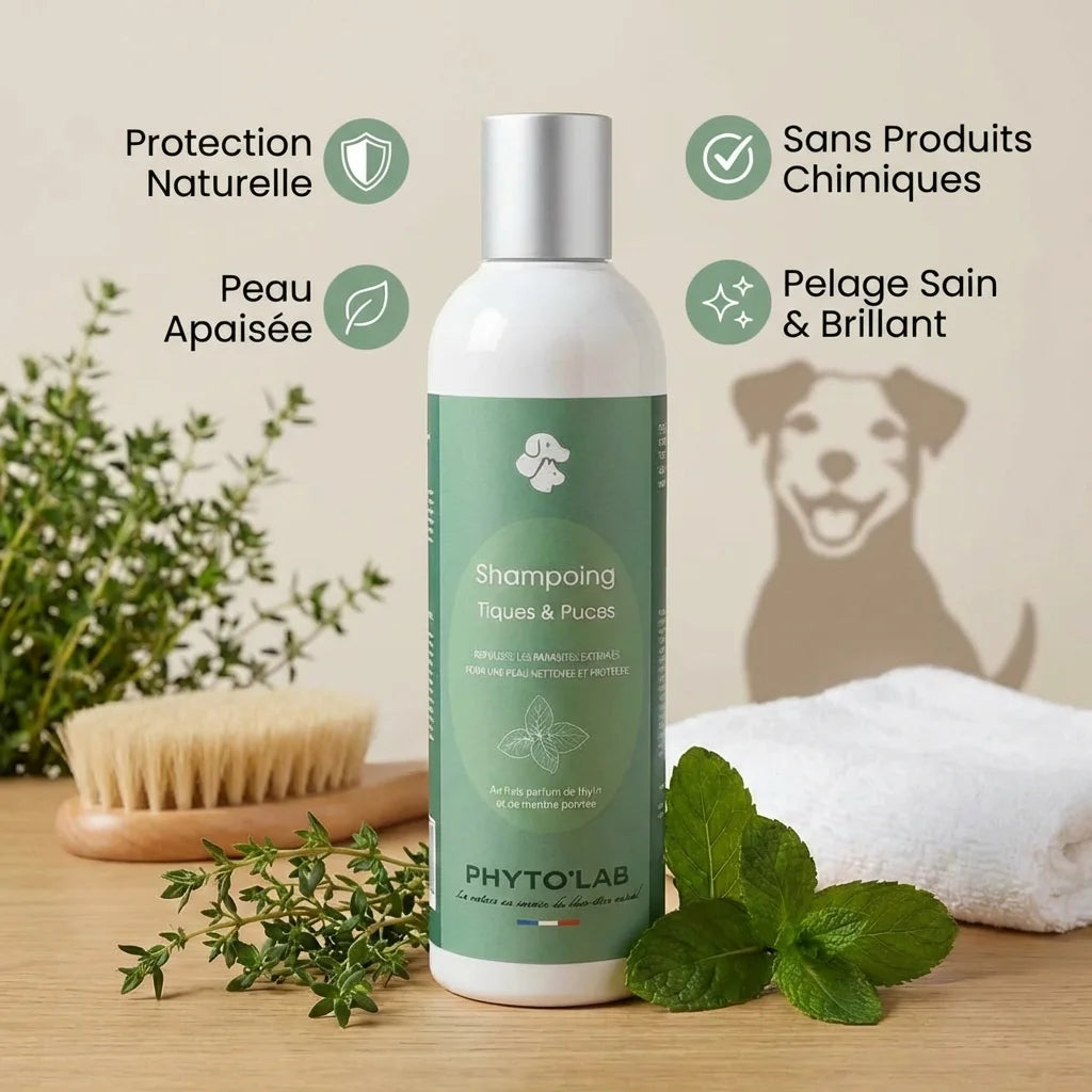 Shampoing Phyto'Lab tiques et puces 250ml avec ingrédients naturels, protection peau apaisée chien chat