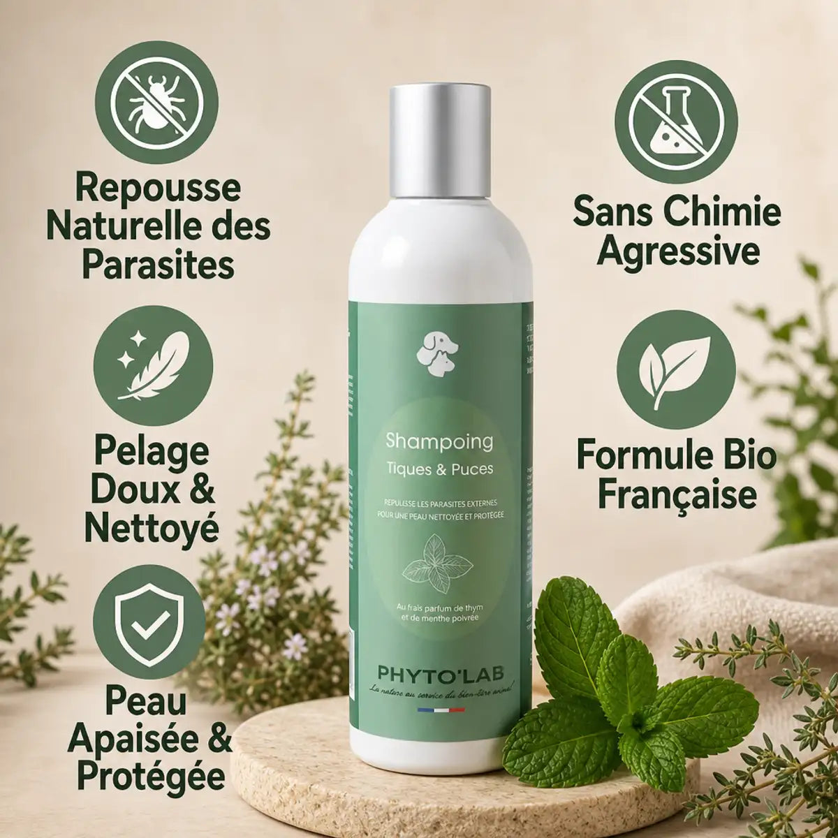 Shampoing Phyto'Lab tiques puces 250ml avec bénéfices naturels pour chien et chat