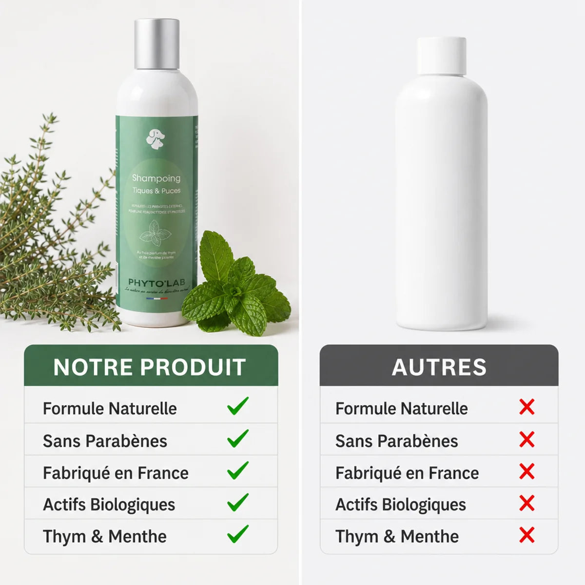 Comparaison Phyto'Lab shampoing antiparasitaire chien chat vs concurrents avec tableau features naturelles