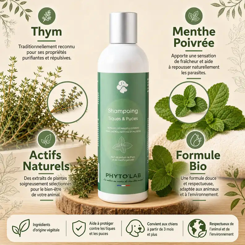 Shampoing Phyto'Lab tiques puces 250ml avec ingrédients naturels thym menthe poivrée