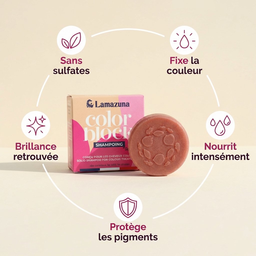 Shampoing solide Color Block Lamazuna pour cheveux colorés avec bénéfices : fixe couleur, nourrit, protège
