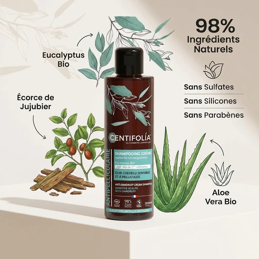 Shampoing crème anti-pelliculaire Centifolia 200ml avec ingrédients naturels bio et certifications sans sulfates