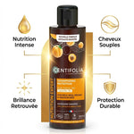 Shampoing Crème Nutrition Centifolia 200ml avec icônes bénéfices : nutrition intense, cheveux souples, brillance