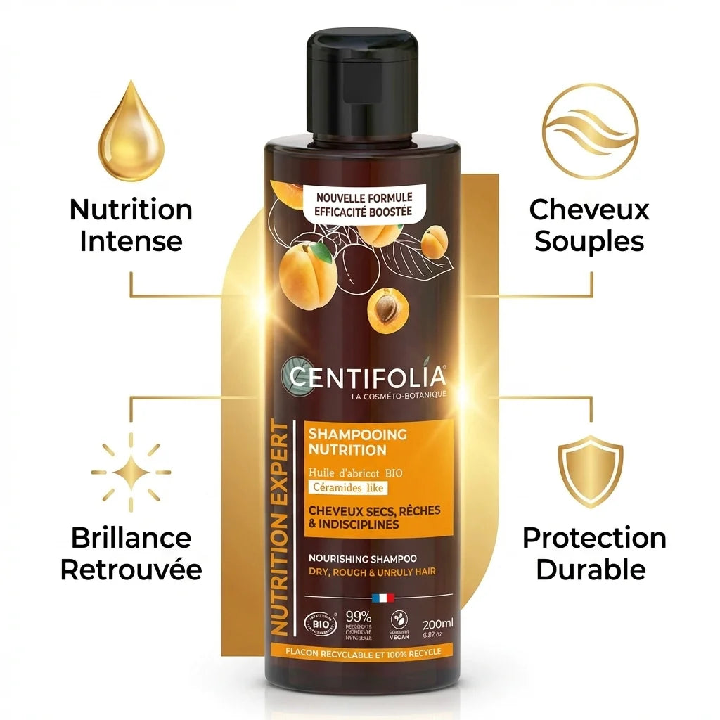 Shampoing Crème Nutrition Centifolia 200ml avec icônes bénéfices : nutrition intense, cheveux souples, brillance